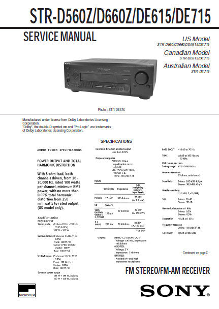 SONY STR-D560Z STR-D660Z STR-DE615 STR-DE715 FM STEREO FM AM RECEIVER SERVICE MANUAL INC PCBS SCHEM DIAGS AND PARTS LIST 40 PAGES ENG