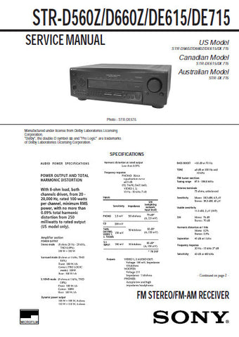 SONY STR-D560Z STR-D660Z STR-DE615 STR-DE715 FM STEREO FM AM RECEIVER SERVICE MANUAL INC PCBS SCHEM DIAGS AND PARTS LIST 40 PAGES ENG