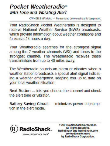 RADIOSHACK REALISTIC 12-257 POCKET WEATHERADIO WITH TONE  AND VIBRATING ALERT OWNER'S MANUAL 12 PAGES ENG