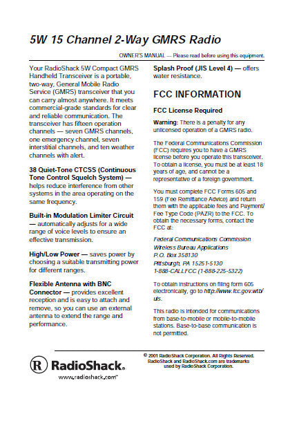 RADIOSHACK REALISTIC 19-903 5W 15 CHANNEL 2 WAY RADIO OWNER'S MANUAL 13 PAGES ENG