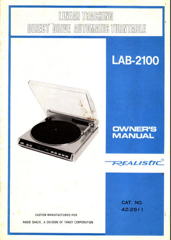 RADIOSHACK REALISTIC LAB-2100 LINEAR TRACKING DIRECT DRIVE AUTOMATIC TURNTABLE OWNER'S MANUAL INC SCHEM DIAG 10 PAGES ENG