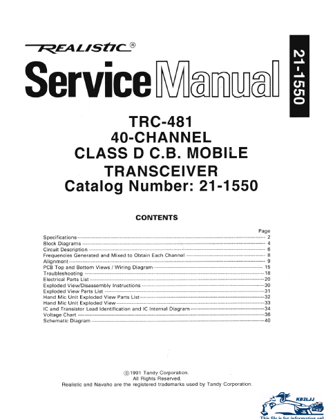 RADIOSHACK REALISTIC TRC-481 40 CHANNEL CLASS D CB MOBILE TRANSCEIVER SERVICE MANUAL INC BLK DIAG PCBS SCHEM DIAG AND PARTS LIST 40 PAGES ENG