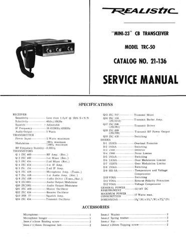 RADIOSHACK REALISTIC TRC-50 MINI 23 CB TRANSCEIVER SERVICE MANUAL INC BLK DIAG PCB SCHEM DIAG AND PARTS LIST 8 PAGES ENG