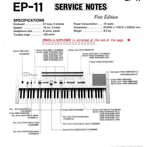 ROLAND EP-11 KEYBOARD SERVICE NOTES BOOK INC BLK DIAG PCBS SCHEM DIAGS AND PARTS LIST 11 PAGES ENG