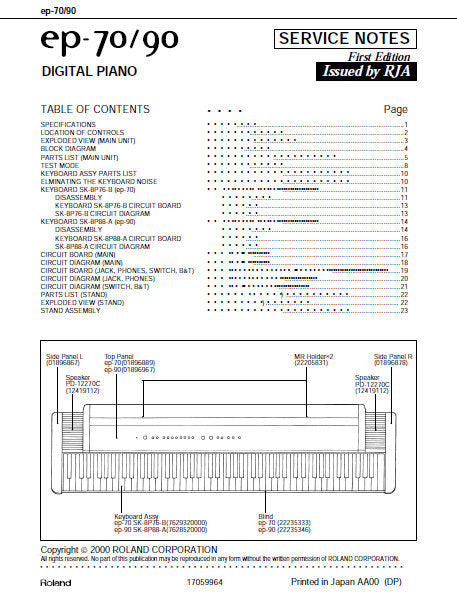ROLAND EP-70 EP-90 DIGITAL PIANO SERVICE NOTES BOOK INC BLK DIAG PCBS SCHEM DIAG AND PARTS LIST 23 PAGES ENG