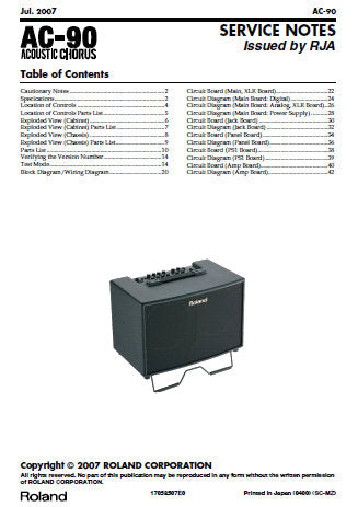 ROLAND AC-90 ACOUSTIC CHORUS GUITAR AMPLIFIER SERVICE NOTES INC BLK DIAG WIRING DIAG PCB'S CIRCUIT DIAGS AND PARTS LIST 44 PAGES ENG