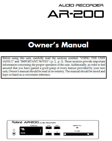 ROLAND AR-200 AUDIO RECORDER OWNER'S MANUAL INC CONN DIAGS AND TRSHOOT GUIDE 72 PAGES ENG