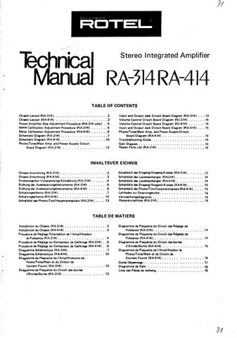 ROTEL RA-314 RA-414 STEREO INTEGRATED AMPLIFIER TECHNICAL MANUAL INC PCBS SCHEM DIAGS AND PARTS LIST 16 PAGES ENG DEUT FRANC