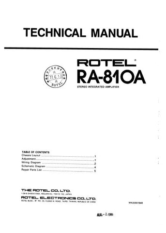 ROTEL RA-810A STEREO INTEGRATED AMPLIFIER TECHNICAL MANUAL INC PCB SCHEM DIAG AND PARTS LIST 4 PAGES ENG