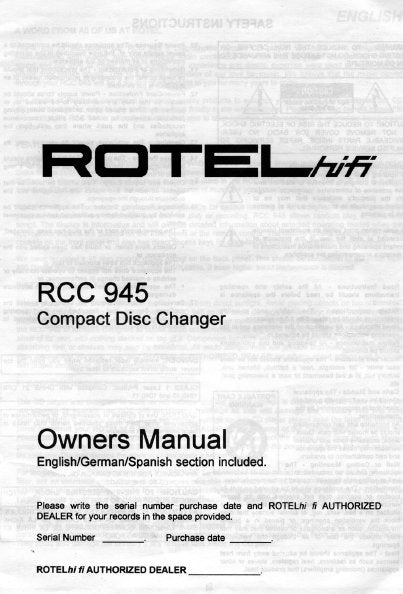 ROTEL RCC-945 STEREO CD CHANGER OWNER'S MANUAL 6 PAGES ENG