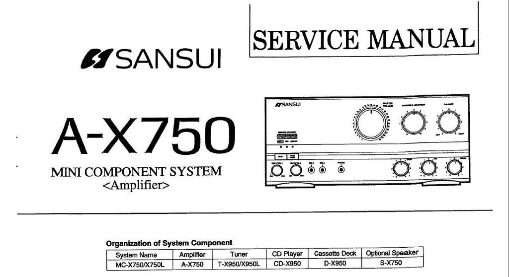 SANSUI A-X750 MINI COMPONENT SYSTEM STEREO INTEGRATED AMP SERVICE MANUAL INC BLK DIAGS SCHEMS PCBS AND PARTS LIST 12 PAGES ENG