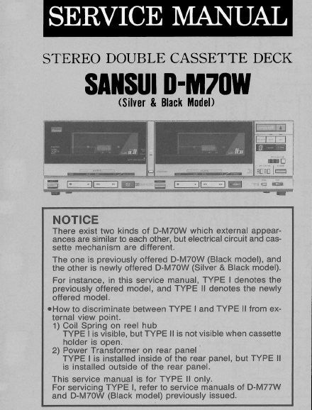 SANSUI D-M70W STEREO DOUBLE CASSETTE TAPE DECK SERVICE MANUAL INC BLK DIAGS SCHEMS PCBS AND PARTS LIST 20 PAGES ENG
