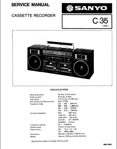 SANYO C35 CASSETTE RECORDER UK SERVICE MANUAL INC BLK DIAG PCBS SCHEM DIAGS AND PARTS LIST 23 PAGES ENG