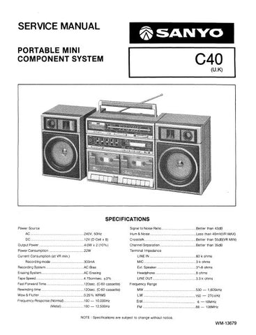 SANYO C40 PORTABLE MINI COMPONENT SYSTEM UK SERVICE MANUAL INC PCBS SCHEM DIAGS AND PARTS LIST 18 PAGES ENG