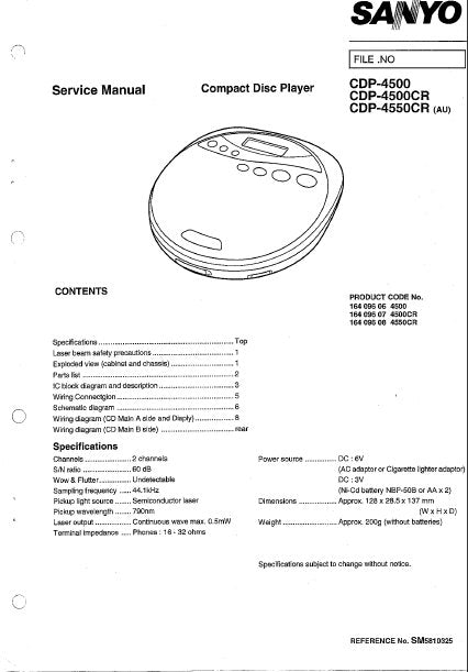 SANYO CDP-4500 CDP-4500CR CDP-4550CR CD PLAYER SERVICE MANUAL INC PCBS SCHEM DIAG AND PARTS LIST 9 PAGES ENG