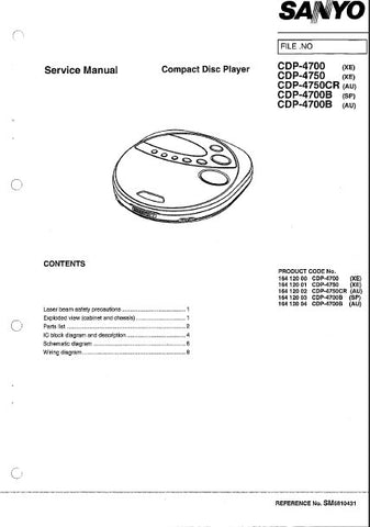 SANYO CDP-4700 CDP-4750 CDP-4750CR CDP-4700B (SP) CDP-4700B (AU) CD PLAYER SERVICE MANUAL INC PCBS SCHEM DIAG AND PARTS LIST 11 PAGES ENG