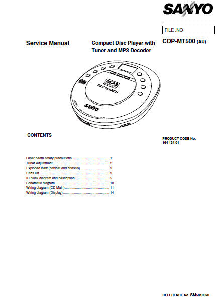 SANYO CDP-MT500 (AU) CD PLAYER WITH TUNER AND MP3 DECODER SERVICE MANUAL INC PCBS SCHEM DIAGS AND PARTS LIST 13 PAGES ENG