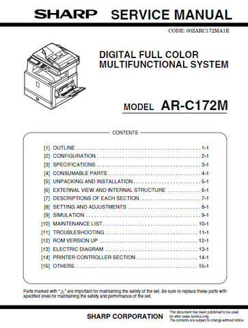SHARP AR-C172M DIGITAL FULL COLOR MULTIFUNCTIONAL SYSTEM SERVICE MANUAL INC BLK DIAGS AND SCHEM DIAGS 308 PAGES ENG