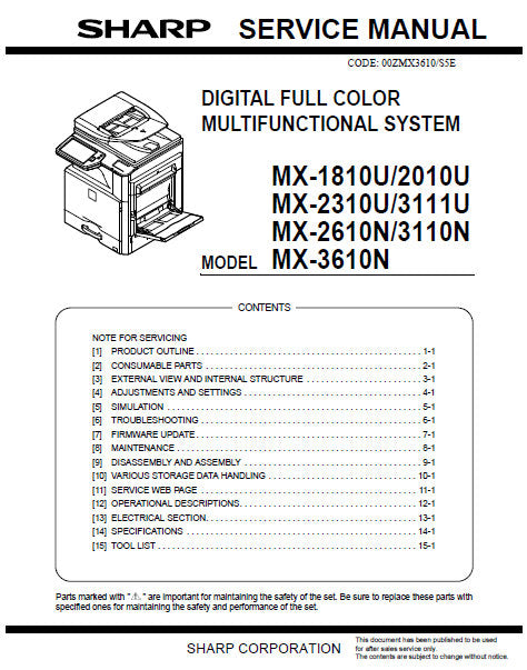 SHARP MX-1810U MX2010U MX-2310U MX-3111U MX-2610N MX-3110N MX-3610N DIGITAL FULL COLOR MULTIFUNCTIONAL SYSTEM SERVICE MANUAL 191 PAGES ENG