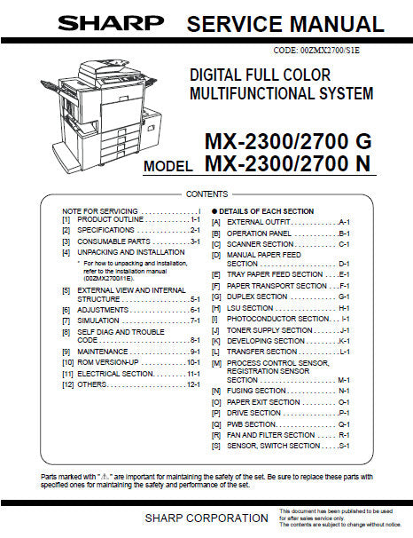 SHARP AR-BC260 DIGITAL FULL COLOR MULTIFUNCTIONAL SYSTEM SERVICE MANUAL INC BLK DIAGS AND SCHEM DIAGS 308 PAGES ENG