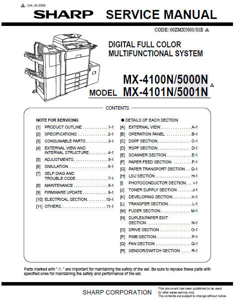 SHARP MX-4100N MX-5000N MX-4101N MX-5001N DIGITAL FULL COLOR MULTIFUNCTIONAL SYSTEM SERVICE MANUAL INC BLK DIAG AND SCHEM DIAGS 524 PAGES ENG