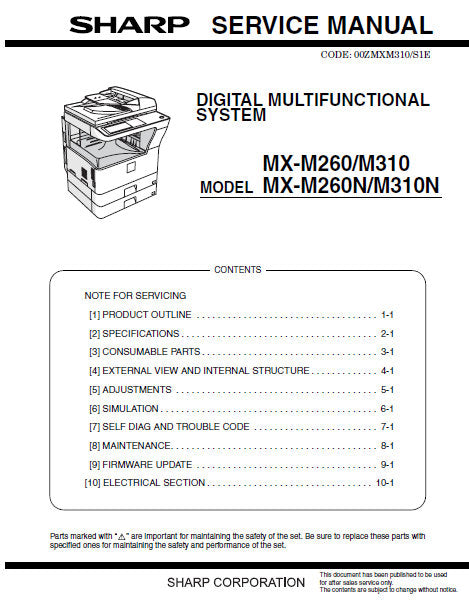 SHARP MX-M260 MX-M310 MX-M260N MX-M310N DIGITAL MULTIFUNCTIONAL SYSTEM SERVICE MANUAL INC BLK DIAGS SCHEM DIAGS 137 PAGES ENG