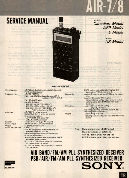 SONY AIR-7 AIR BAND FM AM PLL SYNTHESIZED RECEIVER AIR-8 PSB
