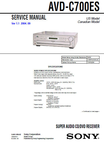 SONY AVD-C700ES SUPER AUDIO CD DVD RECEIVER SERVICE MANUAL INC PCBS SCHEM DIAGS AND PARTS LIST 146 PAGES ENG