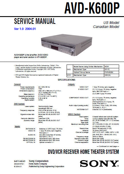 SONY AVD-K600P DVD VCR RECEIVER HOME THEATER SYSTEM SERVICE MANUAL VER 1.0 INC BLK DIAGS PCBS SCHEM DIAGS AND PARTS LIST 86 PAGES ENG