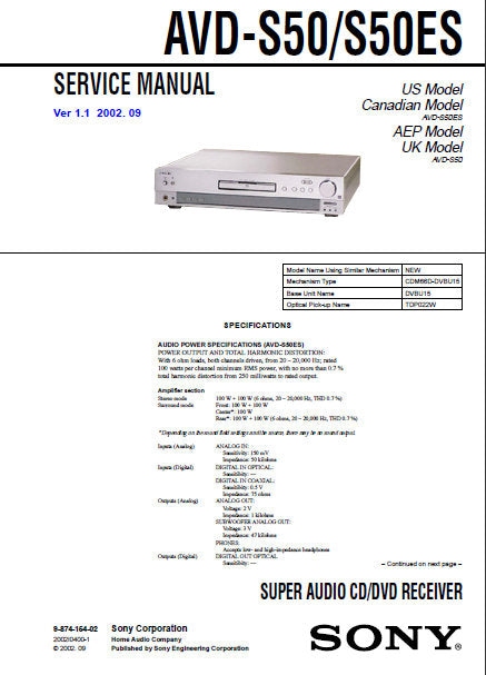 SONY AVD-S50 AVD-S50ES SUPER AUDIO CD DVD RECEIVER SERVICE MANUAL INC BLK DIAGS PCBS SCHEM DIAGS AND PARTS LIST 122 PAGES ENG