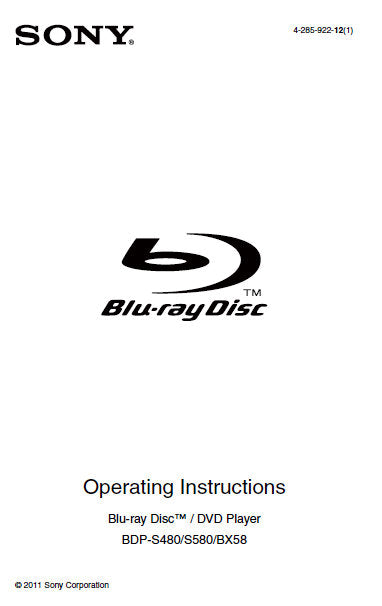 SONY BDP-BX58 BDP-S480 BLU-RAY DISC DVD PLAYER OPERATING INSTRUCTIONS 35 PAGES ENG