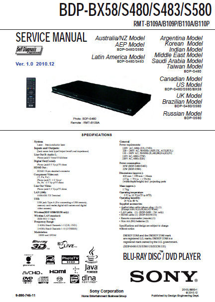 SONY BDP-BX58 BDP-S480 BDP-S483 BDP-S580 BLU-RAY DISC DVD PLAYER SERVICE MANUAL INC BLK DIAGS PCBS SCHEM DIAGS AND PARTS LIST 117 PAGES ENG