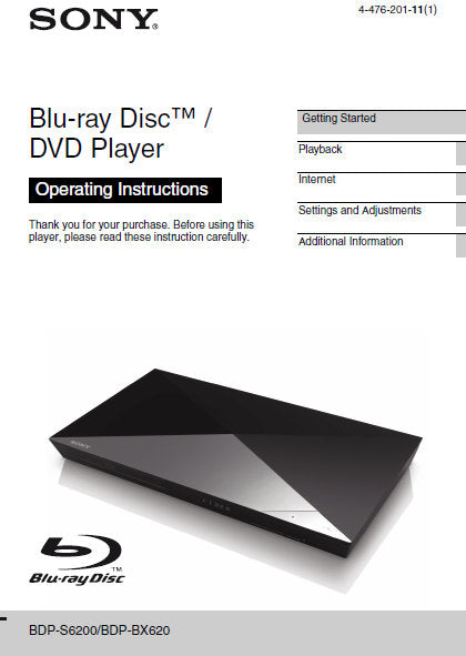 SONY BDP-BX620 BDP-S6200 BLU-RAY DISC DVD PLAYER OPERATING INSTRUCTIONS 48 PAGES ENG