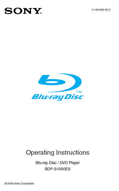 SONY BDP-S1000ES BLU-RAY DISC DVD PLAYER OPERATING INSTRUCTIONS 95 PAGES ENG