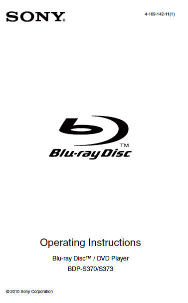 SONY BDP-S370 BDP-BX373 BLU-RAY DISC DVD PLAYER OPERATING INSTRUCTIONS 35 PAGES ENG