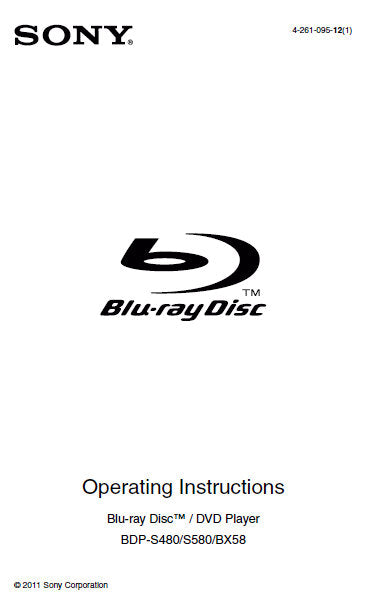 SONY BDP-S480 BDP-S580 BDP-BX58 BLU-RAY DISC DVD PLAYER OPERATING INSTRUCTIONS 35 PAGES ENG