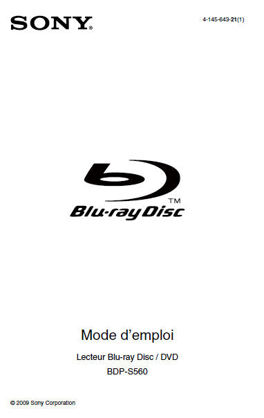 SONY BDP-S560 LECTEUR BLU-RAY DISC DVD PLAYER MODE D'EMPLOI 95 PAGES FRANC