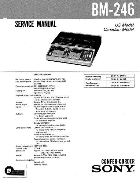 SONY BM-246 CONFER CORDER SERVICE MANUAL INC BLK DIAG PCBS SCHEM DIAGS AND PARTS LIST 66 PAGES ENG