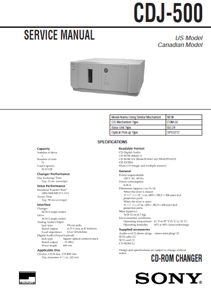 SONY CDJ-500 CD ROM CHANGER SERVICE MANUAL INC BLK DIAGS PCBS SCHEM DIAGS AND PARTS LIST 104 PAGES ENG
