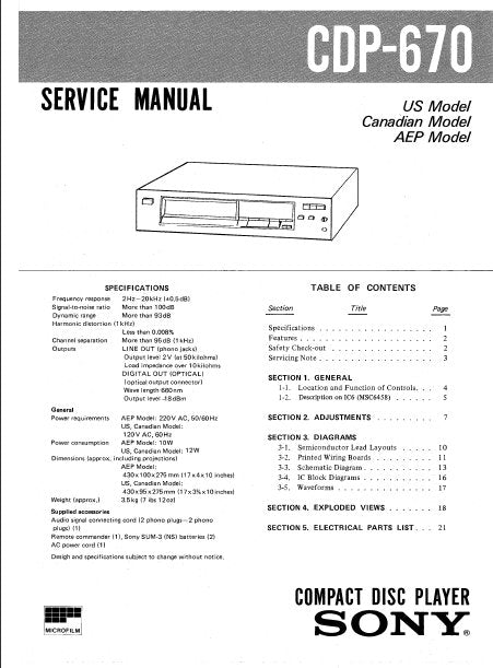 SONY CDP-670 CD PLAYER SERVICE MANUAL INC PCBS SCHEM DIAG AND PARTS LIST 19 PAGES ENG