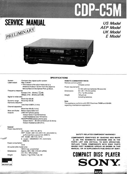SONY CDP-C5M CD PLAYER SERVICE MANUAL INC PCBS SCHEM DIAG AND PARTS LIST 36 PAGES ENG