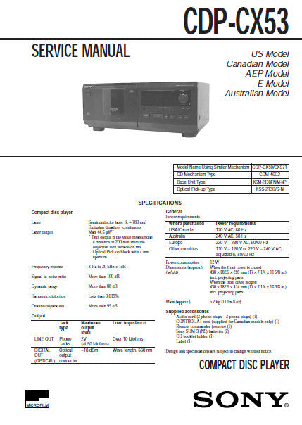 SONY CDP-CX53 CD PLAYER SERVICE MANUAL INC PCBS SCHEM DIAGS AND PARTS LIST 46 PAGES ENG