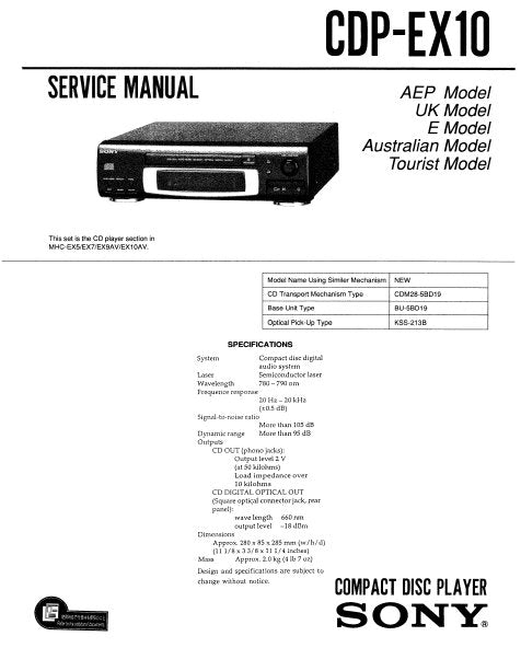 SONY CDP-EX10 CD PLAYER SERVICE MANUAL INC BLK DIAG PCBS SCHEM DIAGS AND PARTS LIST 27 PAGES ENG