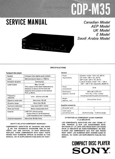 SONY CDP-M35 CD PLAYER SERVICE MANUAL INC PCBS SCHEM DIAGS AND PARTS LIST 24 PAGES ENG
