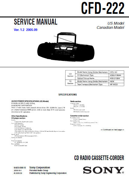 SONY CFD-222 CD RADIO CASSETTE-CORDER SERVICE MANUAL INC PCBS SCHEM DIAGS AND PARTS LIST 48 PAGES ENG