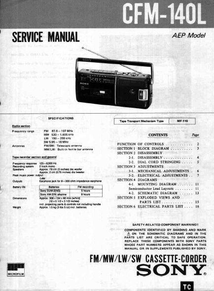 SONY CFM-140L FM MW LW SW CASSETTE CORDER SERVICE MANUAL INC BLK DIAG PCBS SCHEM DIAG AND PARTS LIST 20 PAGES ENG