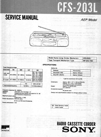 SONY CFS-203L RADIO CASSETTE-CORDER SERVICE MANUAL INC PCBS SCHEM DIAGS AND PARTS LIST 38 PAGES ENG