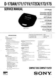 SONY D-170AN D-171 D-171V D-172CK D-173 D-175 CD COMPACT PLAYER SERVICE MANUAL INC BLK DIAG PCBS SCHEM DIAG AND PARTS LIST 26 PAGES ENG