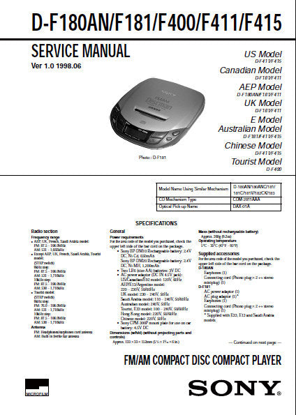 SONY D-F180AN D-F181 D-F400 D-F411 D-F415 FM AM CD COMPACT PLAYER SERVICE MANUAL INC BLK DIAGS PCBS SCHEM DIAGS AND PARTS LIST 47 PAGES ENG