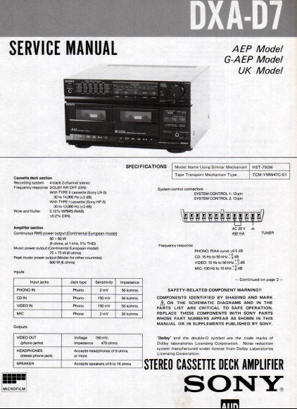 SONY DXA-D7 STEREO CASSETTE DECK AMPLIFIER SERVICE MANUAL INC PCBS SCHEM DIAG AND PARTS LIST 33 PAGES ENG